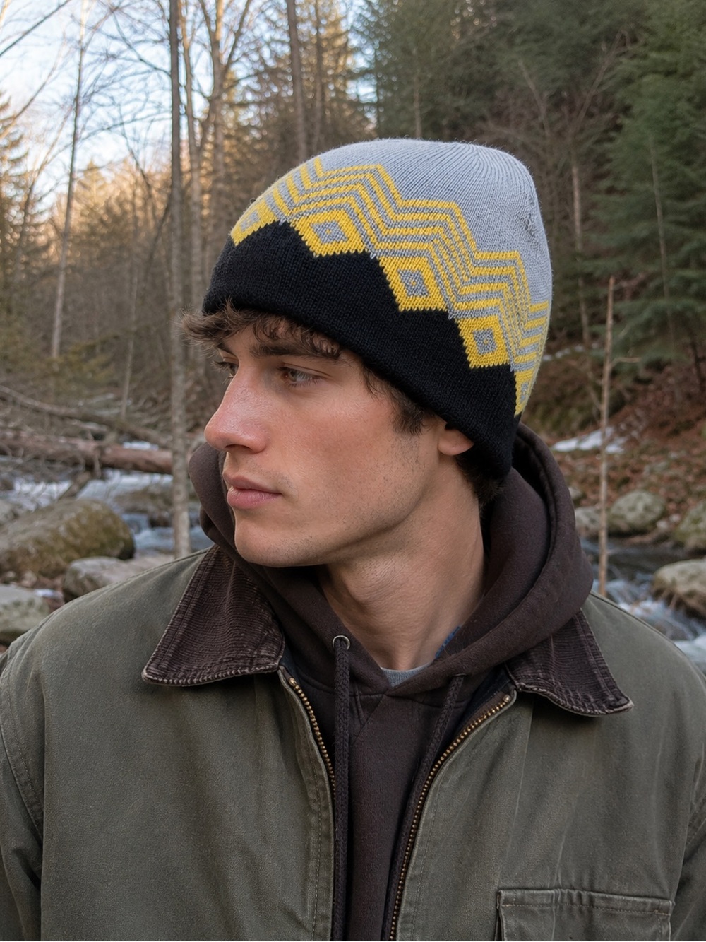 Vintage Penthouse Knits Wool Blend Beanie Made USA Gray Yellow Ski‎ Hat
